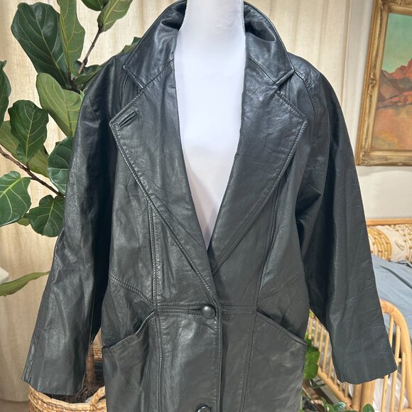 Vintage 90s Matrix Grunge Trench Coat Genuine Leather Black Oversized Women's M - Picture 5 of 16